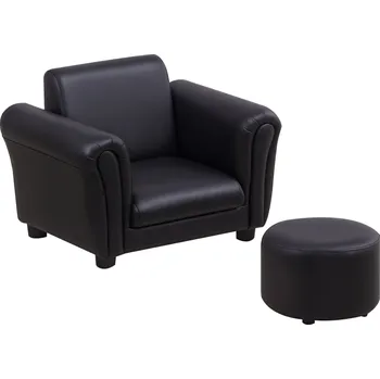 Pohovka HOMCOM dětské křeslo s podnožkou, mini pohovka v černé barvě pro děti od 3 do 7 let, dřevo, 54x42x41cm, ideální do dětského pokoje a na hřiště | Aosom.de