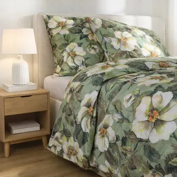 Povlečení Povlečení bavlna saténu 160x200 zelené s květinami Home & You 100% bavlna
