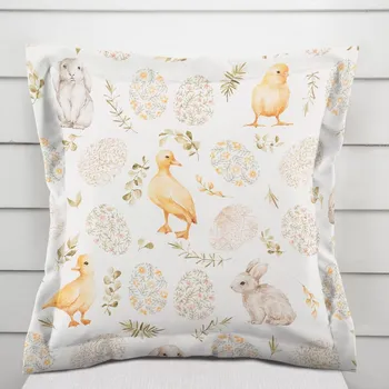 Povlak na polštářek Dekorační povlak na polštář s lemem Leona LN-177 Velikonoční zvířátka a kraslice na bílém 30 x 50 cm