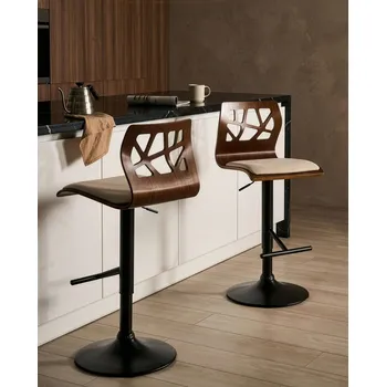 Barová židle Sada 2 otočných barových stoliček tmavé dřevo béžová umělá kůže nastavitelná výška opěrky nohou moderní styl kuchyně jídelna Beliani