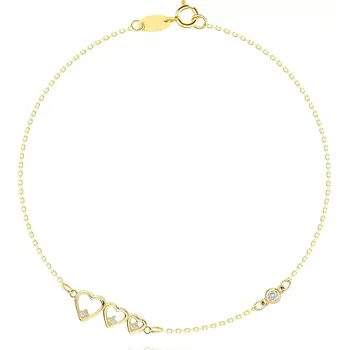 Náramek Náramek ze žlutého 14K zlata - zmenšující se srdce, čiré zirkony, jemný řetízek