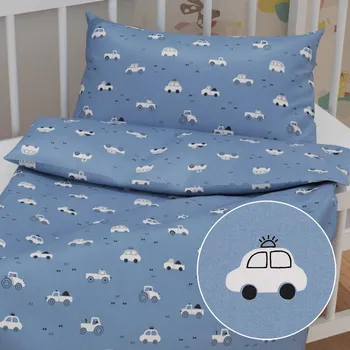 Povlečení Dětské bavlněné povlečení do postýlky Sandra SA-589 Traktory a autíčka na modrém Do postýlky 90x140 a 50x70 cm
