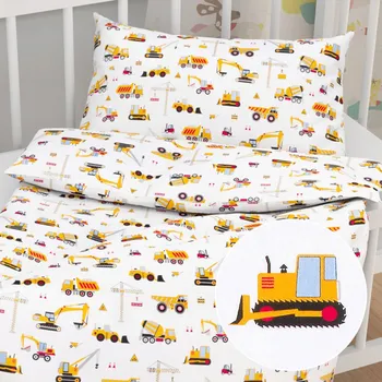 Povlečení Dětské bavlněné povlečení do postýlky Sandra SA-081 Nákladní auta a bagry na bílém Do postýlky 90x120 a 40x60 cm