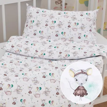 Povlečení Dětské bavlněné povlečení do postýlky Sandra SA-372 Myšky a konvičky na bílém Do postýlky 90x140 a 50x70 cm