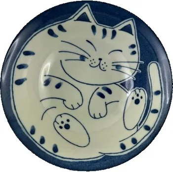 Miska na ramen, ramenová miska, motiv kočky bílý na modrém pozadí, keramika, Japonsko