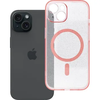 Náhradní kryt pro mobilní telefon Kryt Clear Mag Cover Case S ochranou fotoaparátu s Magsafe iPhone 15 Pink Glitter