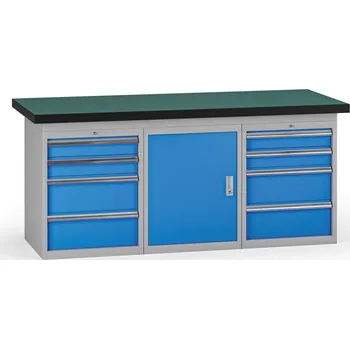 Dílenský stůl B2B Partner Pracovní stůl do dílny, 1800 x 750 x 800 mm, 1x skříňka, 2x kontejner, 8 zásuvek, modrá