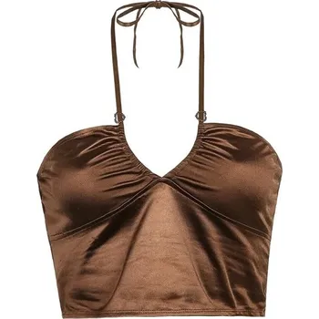 Dámské tílko Crop Top hnědé Výstřih do V Tenká ramínka kolem krku Stylové letní tílko polyester spandex M