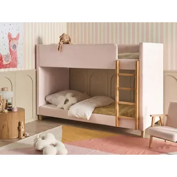 Postel Jednolůžková patrová postel pastelově růžová čalouněná samet žebřík z topolového dřeva výška 90cm dětská ložnice Beliani