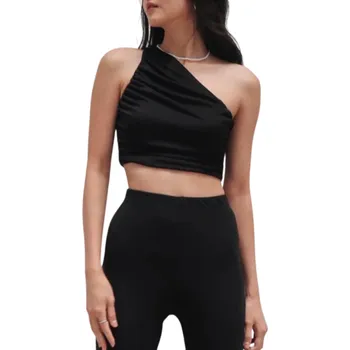Dámské tílko jednobarevné Asymetrické na jedno rameno Crop top Polyester spandex pružný moderní letní top černá L