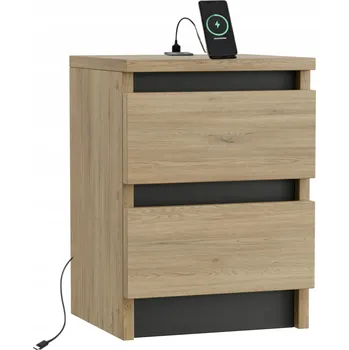 Noční stolek NOČNÍ STOLEK DUB 30 CM S PORTEM USB/USB C, DVĚ ZÁSUVKY, ČERNÉ LOFTOVÉ PRVKY