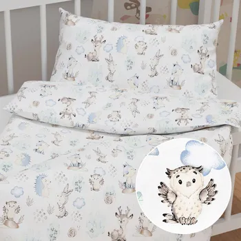 Povlečení Dětské bavlněné povlečení do postýlky Sandra SA-478 Lesní zvířátka v borůvčí na bílém Do postýlky 100x135 a 40x60 cm