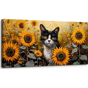 Obraz Obraz na plátně na zeď Moderní Velký 50x100 cm Kočka a Slunečnice