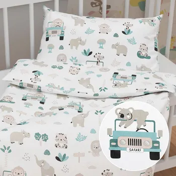 Povlečení Dětské bavlněné povlečení do postýlky Sandra SA-477 Šedobéžová zvířátka v Safari Do postýlky 90x130 a 40x60 cm