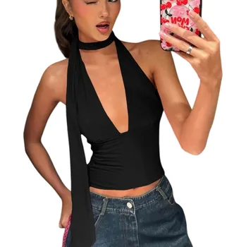 Dámské tílko jednobarevné Výstřih do V Široká ramínka Šátek kolem krku Polyester spandex elegantní letní top černá S