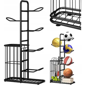 Úložný box STOJAN NA MÍČE ÚLOŽNÝ DRŽÁK ORGANIZÉR REGÁL NA 5 MÍČŮ S KOŠEM