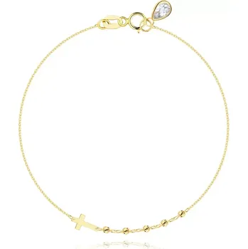 Náramek 14K zlatý náramek ze žlutého zlata - latinský kříž, kuličky, zirkonová kapka