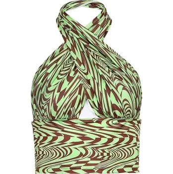 Dámské tílko Crop Top zelené s barevnými vzory Výstřih do V Prostřih Široká ramínka kolem krku Stylové tílko polyester spandex L