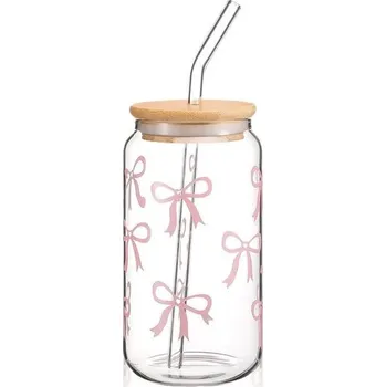 Sklenice Elegantní skleněná sklenice o objemu 16 oz Cosmeria s víkem a brčkem, design koketové mašle,