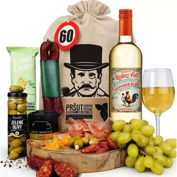 Dárkový potravinový koš Dárkový koš pro muže s bílým vínem k narozeninám, vánocům anebo svátku