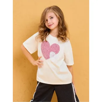 Dívčí oblečení Sinsay - Tričko s květinovým potiskem ve tvaru srdce a krajkovým vsazením - krémová - 804AV-01X - 804AV-01X-134