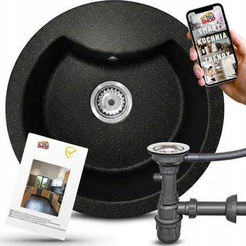 Granitový dřez GRANITOVÝ DŘEZ JEDNOKOMOROVÝ ČERNO ZLATÝ KULATÝ PRO SKŘÍŇKU 45CM 3v1