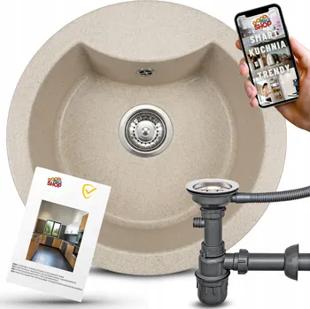 Granitový dřez GRANITOVÝ DŘEZ JEDNOKOMOROVÝ BÉŽOVÝ KUCHYŇSKÝ KULATÝ DO SKŘÍŇKY 45CM