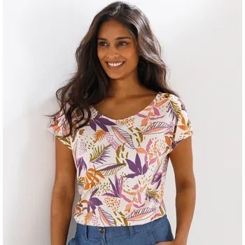 Tričko s potiskem a knoflíky na ramenou režná/fialová 54