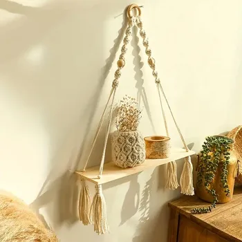 police Závěsná police boho dřevěná nástěnná | dekorace 1+1 ks