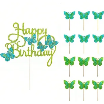 Party dekorace 3d motýlky na dort | dekorace dortu 13 ks - Zelený