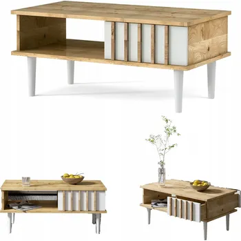 Konferenční stolek Konferenční stolek lavice loft lamely dub/černá/bílá s poličkou