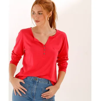 Jednobarevné tričko s výstřihem na knoflíčky a dlouhými rukávy růžová 54