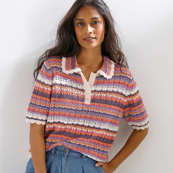 Ažurová proužkovaná halenka s límečkem režná/růžová 34/36