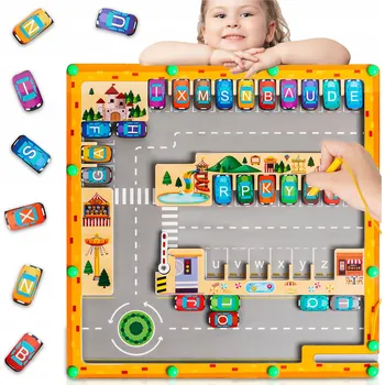 Dřevěná hračka DŘEVĚNÁ MONTESSORI TABULE MAGNETICKÁ ABECEDA LABYRINT PARKOVÁNÍ HRA