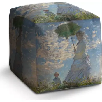 Taburet Sablio Taburet Cube Dáma se slunečníkem - Claude Monet: 40x40x40 cm