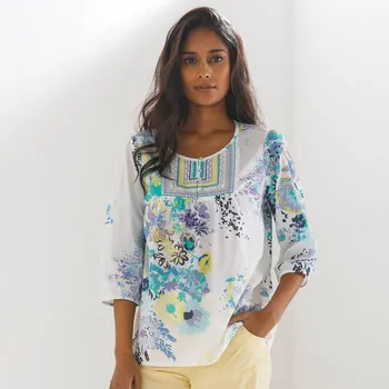 Dámská halenka Halenka s výšivkou a květinovým potiskem režná/modrá 36