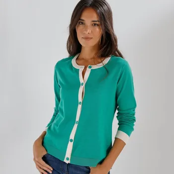 Dámský svetr Propínací svetr s kontrastními lemy zelená/režná 52