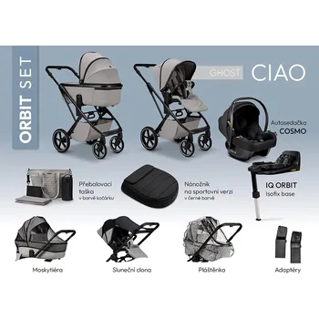 Kočárek Moon SET MAXI ORBIT CIAO GHOST včetně adaptérů, pláštenky, nánožníku black, moskytiéry, přebalovací tašky, sluneční clony, autosedačky COSMO black a isofix IQ Orbit