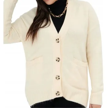 Dámský svetr BÉŽOVÝ KLASICKÝ SVETR NA KNOFLÍKY S VÝSTŘIHEM DO V A KAPSY VEL. M