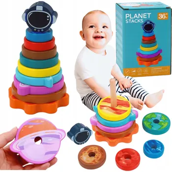 Dřevěná hračka EDUKAČNÍ SKLÁDAČKA PYRAMIDA DŘEVĚNÁ TŘÍDIČKA PLANETY VESMÍR PRO DĚTI