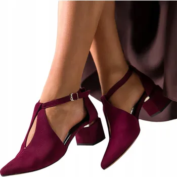 Dámské lodičky Lodičky Bordó Dámské KOŽENÉ Pásek Kolem Kotníku OZDOBNÝ BLOKOVÝ Podpatek vel. 38