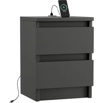 Noční stolek NOČNÍ STOLEK ČERNÝ 30 CM S PORTEM USB/USB C, DVĚ ZÁSUVKY, NOČNÍ STOLEK MATNÝ