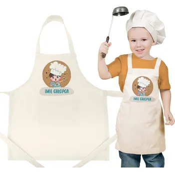 Kuchyňská zástěra DĚTSKÁ ZÁSTĚRA KUCHYŇSKÁ OCHRANNÁ ECRU S VLASTNÍM JMÉNEM BAVLNA