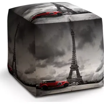 Taburet Sablio Taburet Kostka Eiffelova věž a červené auto: 40x40x40 cm - Sablio