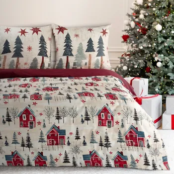 Povlečení Vánoční povlečení 160x200 cm saténová bavlna, bordó a krémové