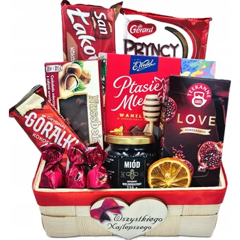 Dárkový potravinový koš Dárkový koš se sadou sladkostí, čajem a medem