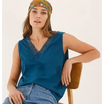 Dámská móda Top s výstřihem do V a krajkou petrolejová 38/40