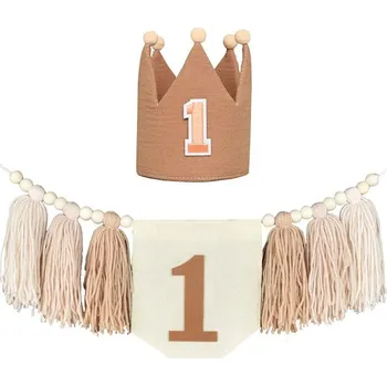 Party dekorace První narozeniny boho dekorace | dětská girlanda, narozeninová výzdoba - hnědá vlajka a klobouk