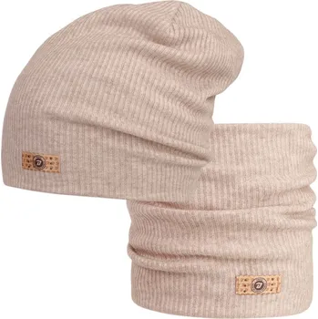 Čepice Spadlá čepice s nákrčníkem Rayon Rib set - vzor 003 - béžová melír 52 - 54