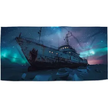 Ručník Sablio Ručník s potiskem Vrak lodi při polární záři - 30x50 cm